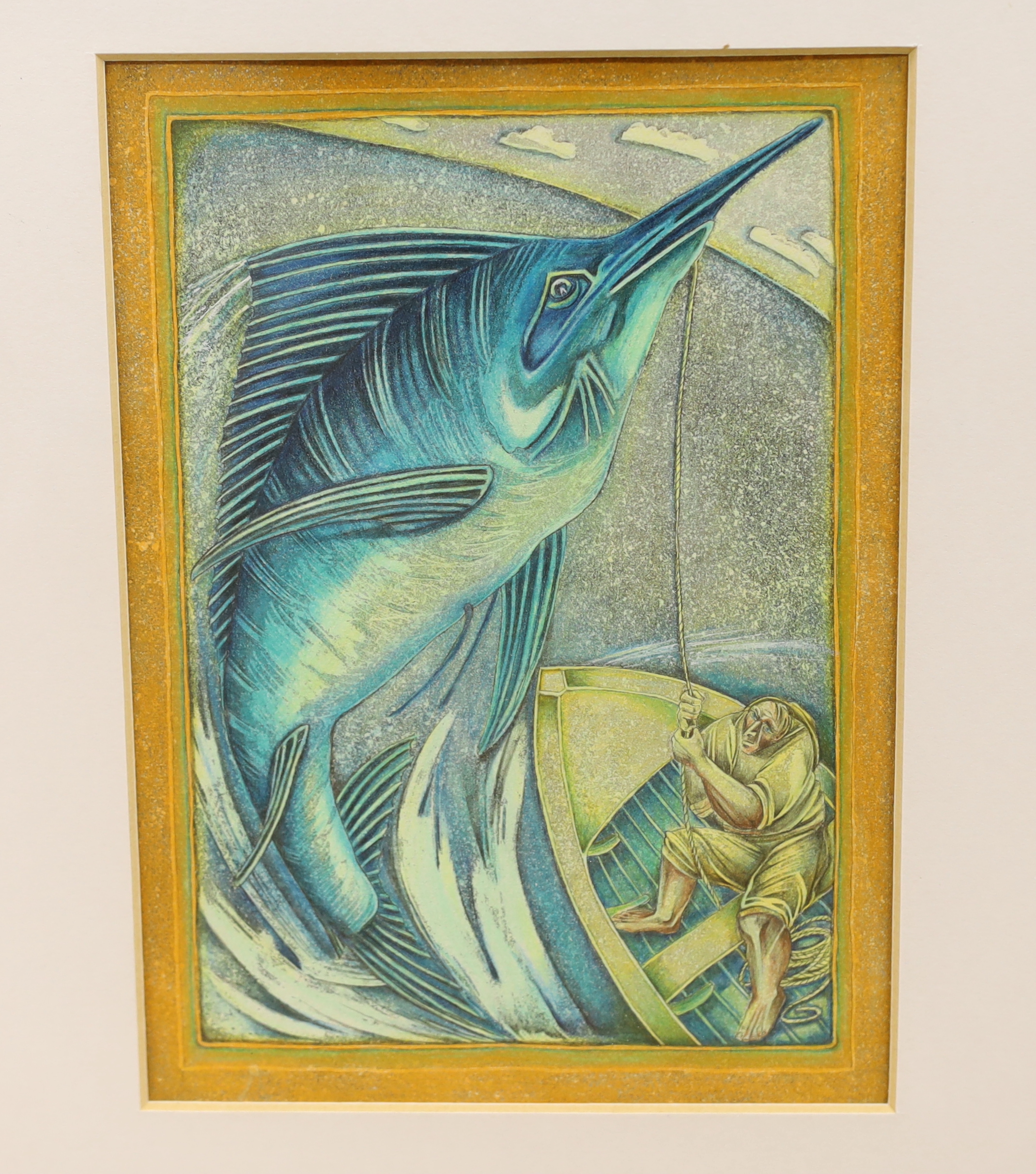 Francesca Pelizzoli, 20th century, four original mixed media painting illustrations for 'The Old Man and The Sea', originally by Hemingway